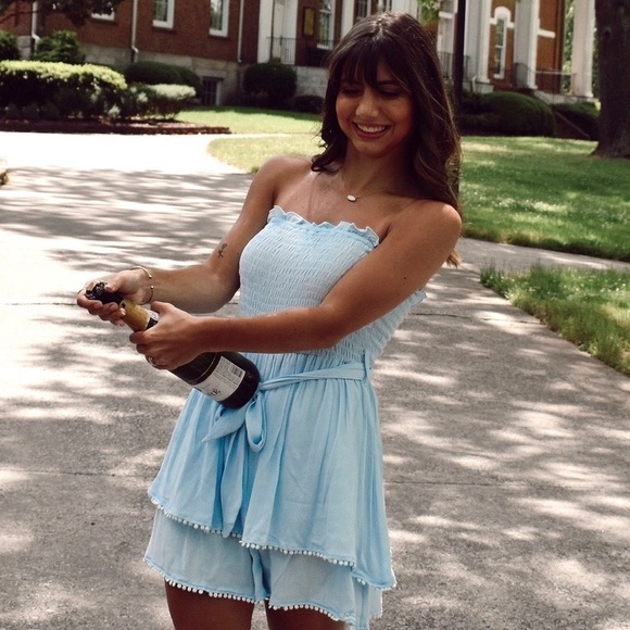 Pants - Light blue ruffled tiered smocked strapless romper